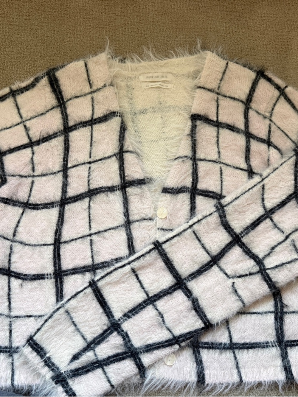 Urban Outfitters Pink and Black Grid Fuzzy Button Cardigan